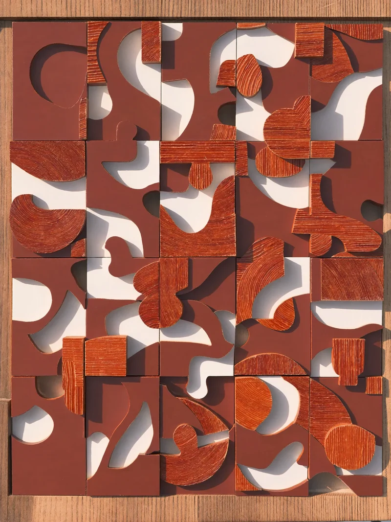 Konzeptstudie eines abstrakten Holzpuzzles aus weichen geometrischen Teilen