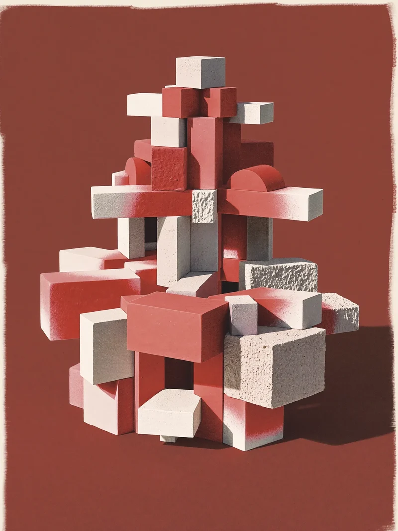 Konzeptstudie eines modularen Baukastens aus Prismen und Platten in Pastelltönen